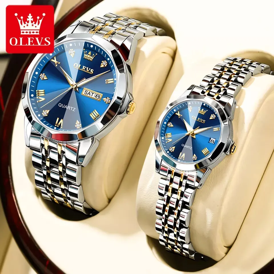 Olevs Blue Dial Dual-tone Couples Watch | 9931
